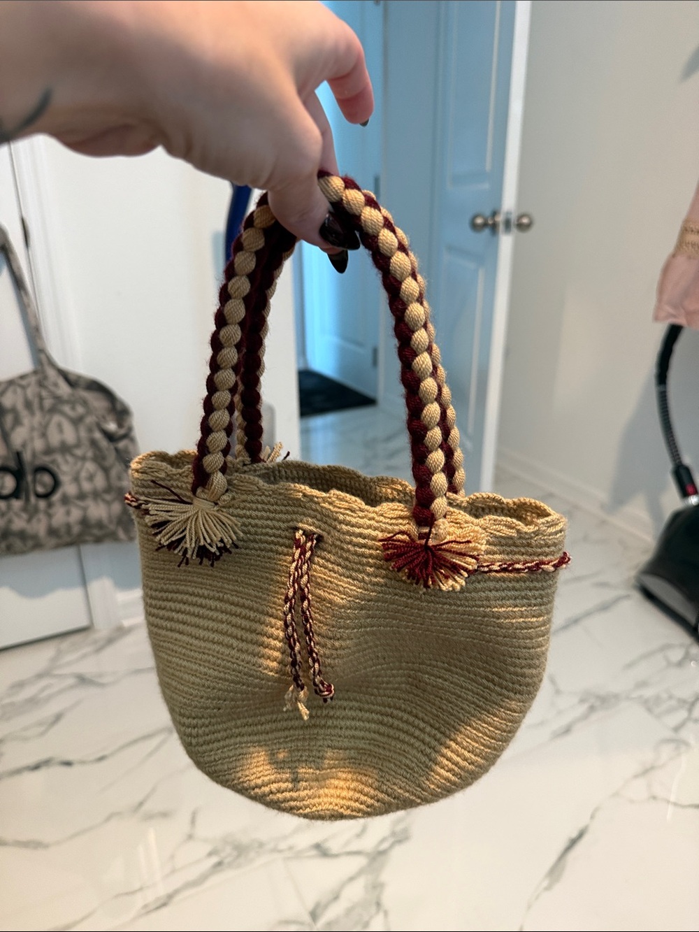 Handwoven Straw Tote Bag with Braided Handles - Tan & Burgundy